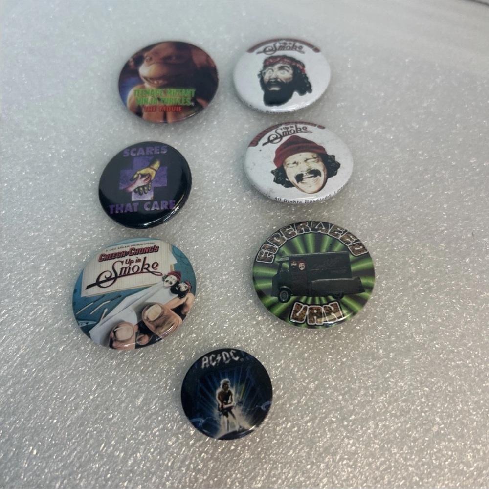 Assorted pin backs AC/DC Cheech & Chong lot